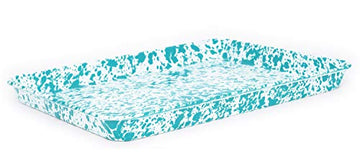 Crow Canyon Enamelware Jelly Roll Pan, Rectangular Tray, Turquoise Marble